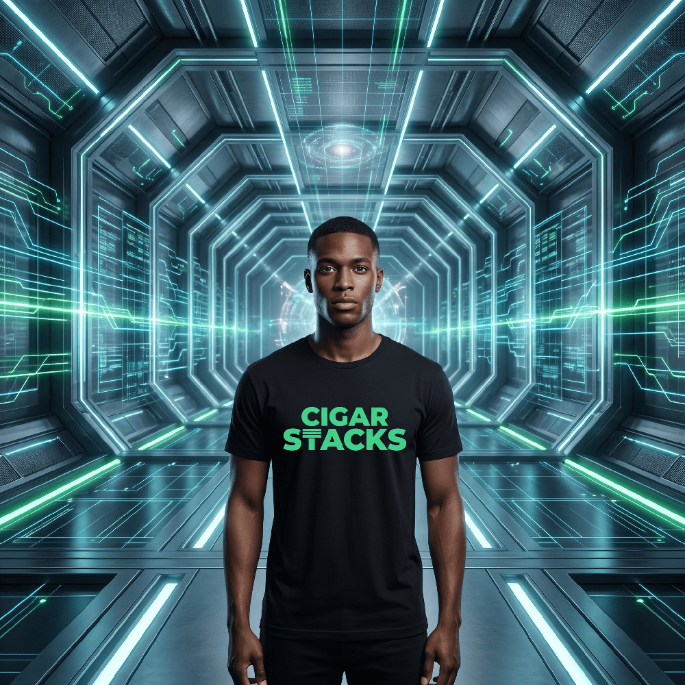 Black T-Shirt with Green Cigar Stacks Logo on Black Male
