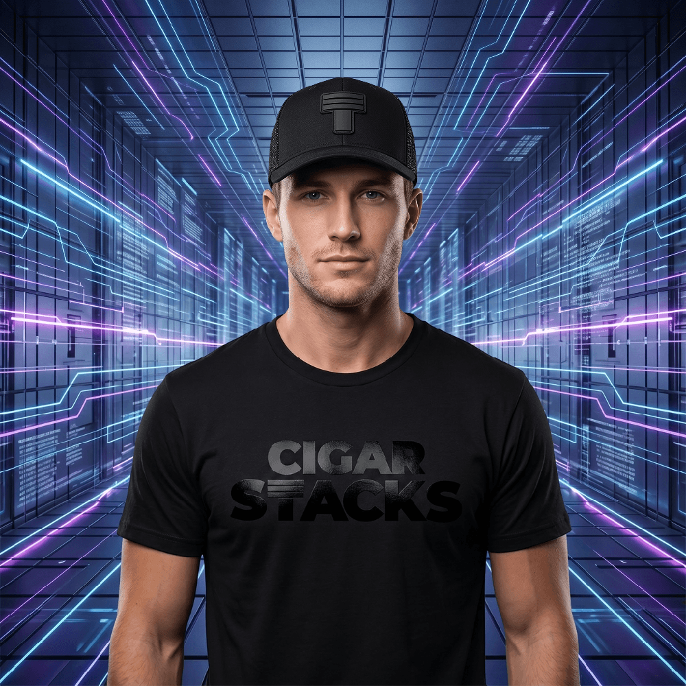 Black Curved Trucker with Black Cigar Stacks T Logo on White Male