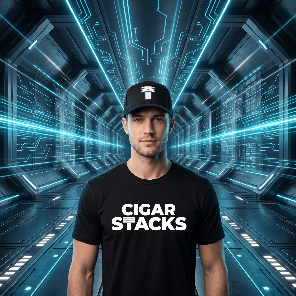 Black Curved Trucker with White Cigar Stacks T Logo on White Male