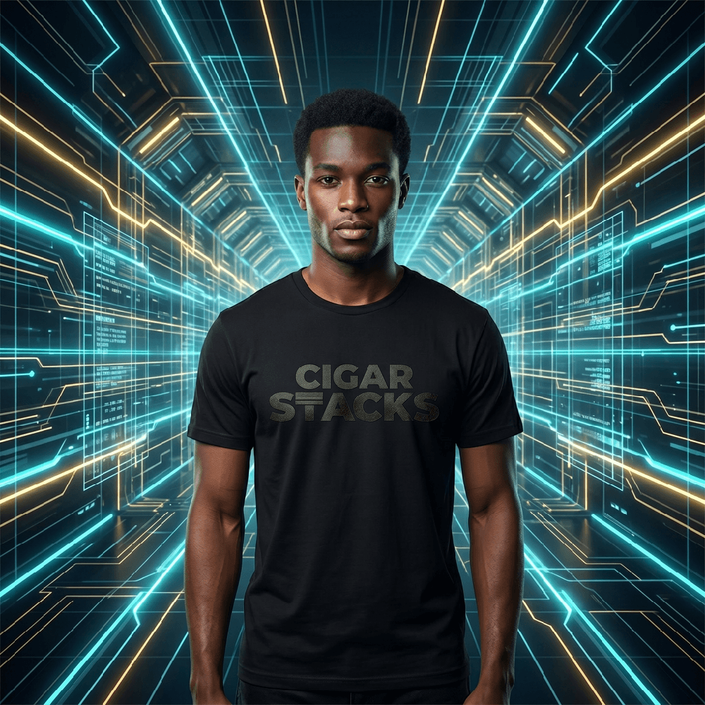 Black T-Shirt with Black Cigar Stacks Logo  on Black Male