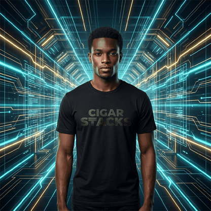 Black T-Shirt with Black Cigar Stacks Logo  on Black Male