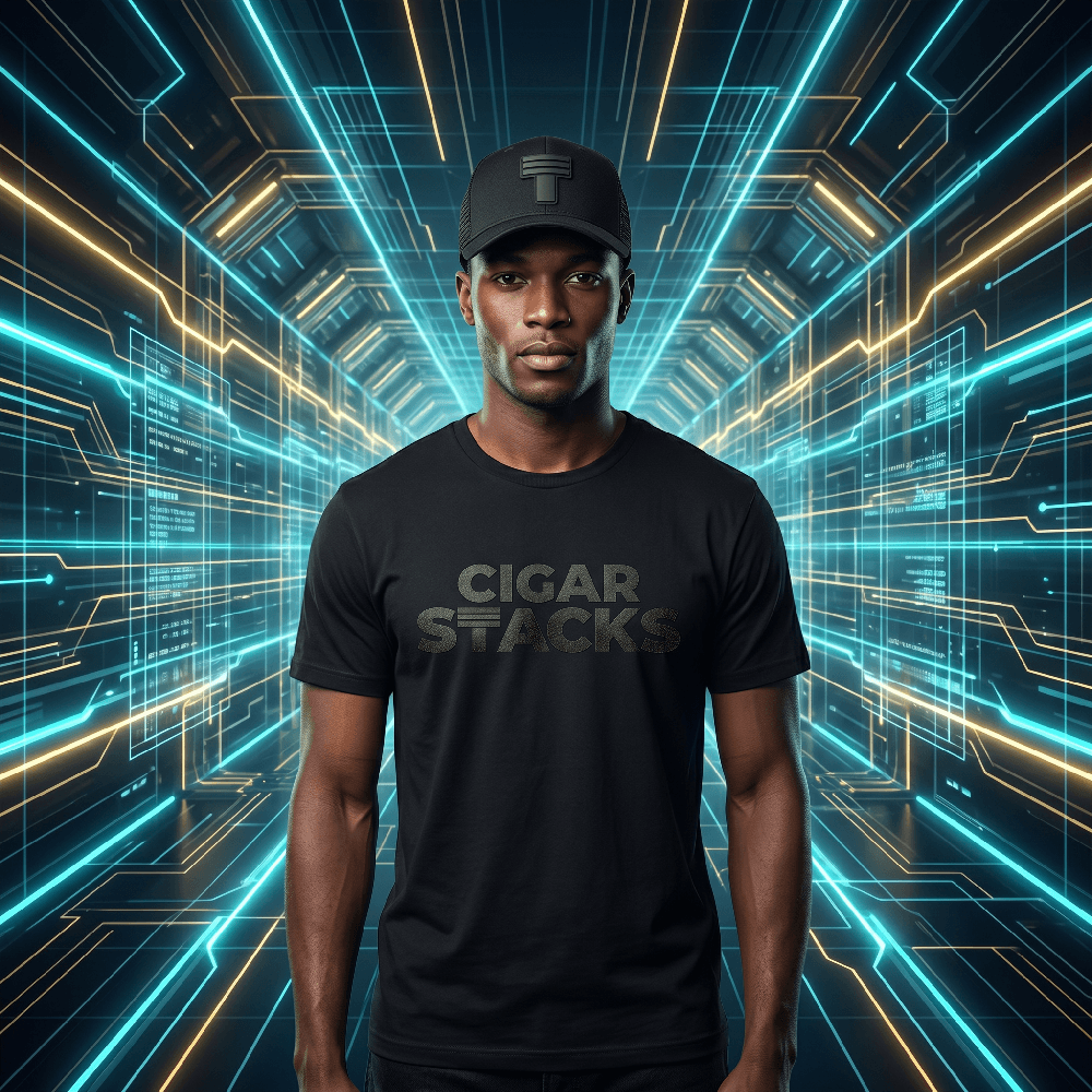 Black Curved Trucker with Black Cigar Stacks T Logo on Black Male