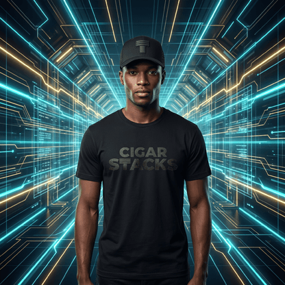 Black Curved Trucker with Black Cigar Stacks T Logo on Black Male
