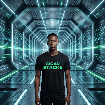 Black T-Shirt with Green Cigar Stacks Logo on Black Male