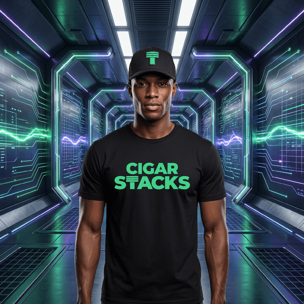 Black Curved Trucker with Tech Green Cigar Stacks T Logo on Black Male