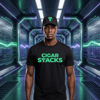 Black Curved Trucker with Tech Green Cigar Stacks T Logo on Black Male