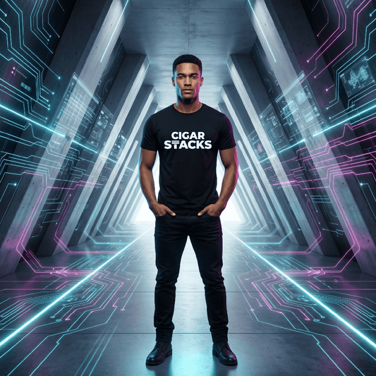 Black T-Shirt with White Cigar Stacks Logo on Black Male