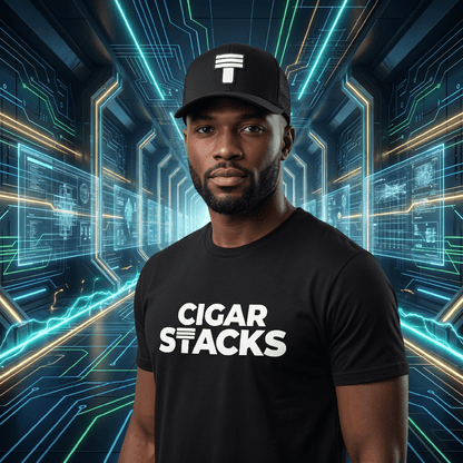 Black Curved Trucker with White Cigar Stacks T Logo on Black Male