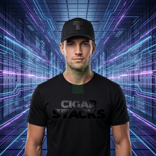 Black Curved Trucker with Black Cigar Stacks T Logo Single Cigar