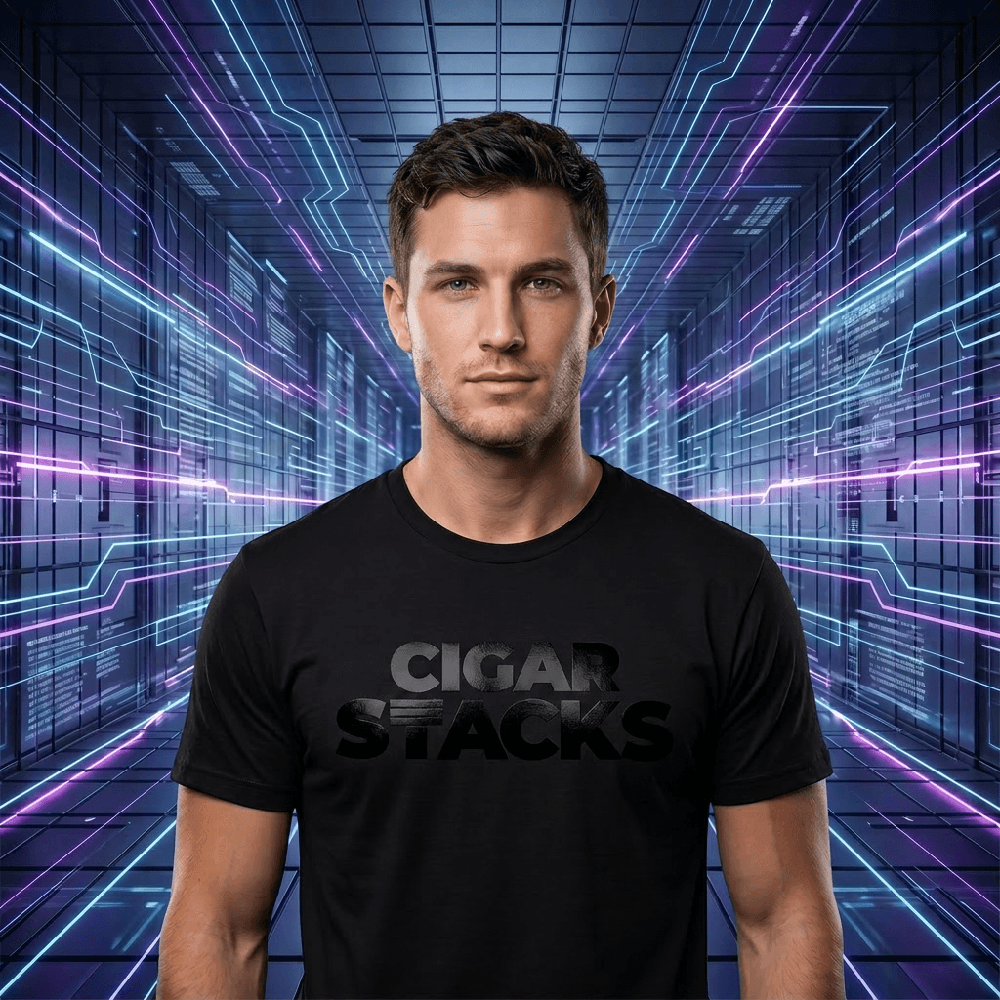 Black T-Shirt with Black Cigar Stacks Logo  on White Male