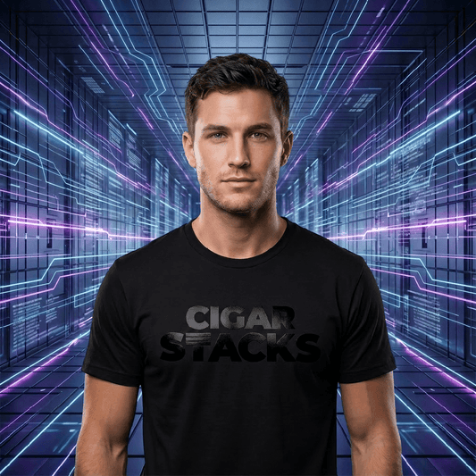Black T-Shirt with Black Cigar Stacks Logo  on White Male