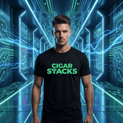Black T-Shirt with Green Cigar Stacks Logo on White Male