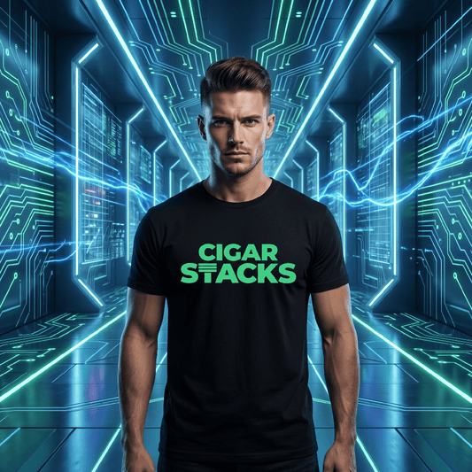 Black T-Shirt with Green Cigar Stacks Logo on White Male
