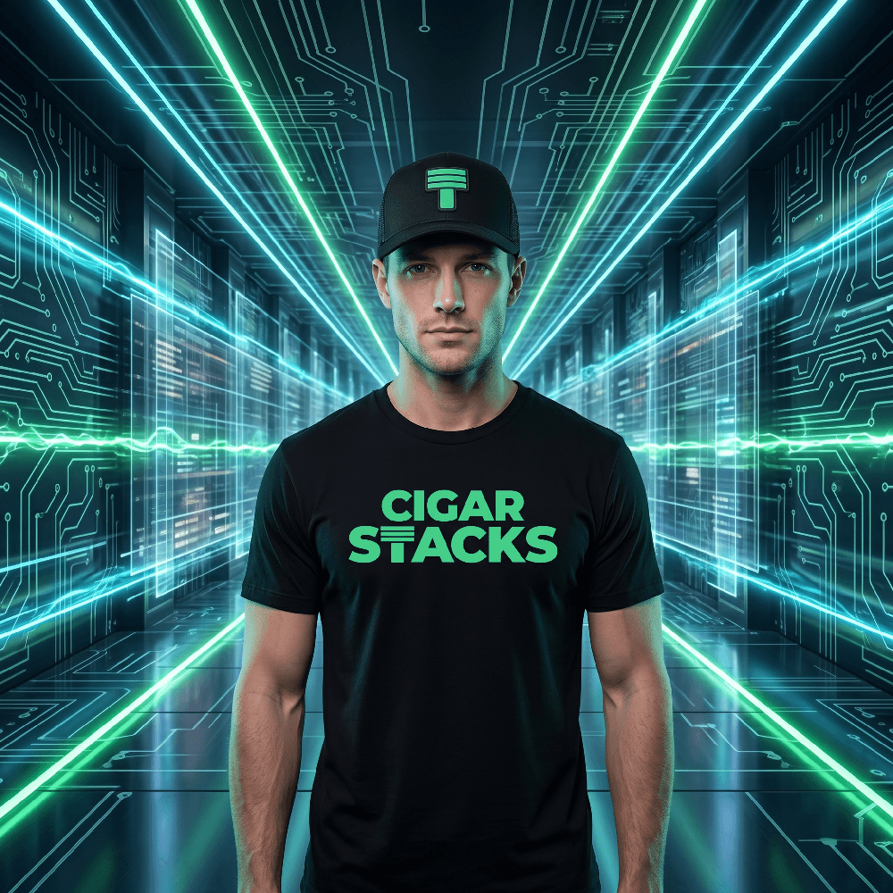 Black Curved Trucker with Tech Green Cigar Stacks T Logo on White Male
