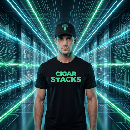 Black Curved Trucker with Tech Green Cigar Stacks T Logo on White Male