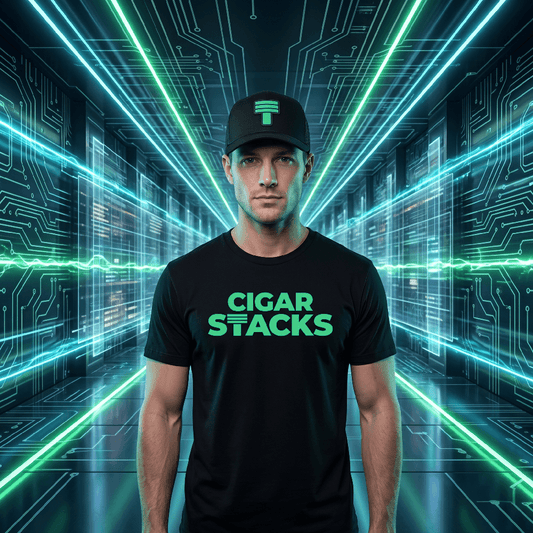 Black Curved Trucker with Tech Green Cigar Stacks T Logo on White Male