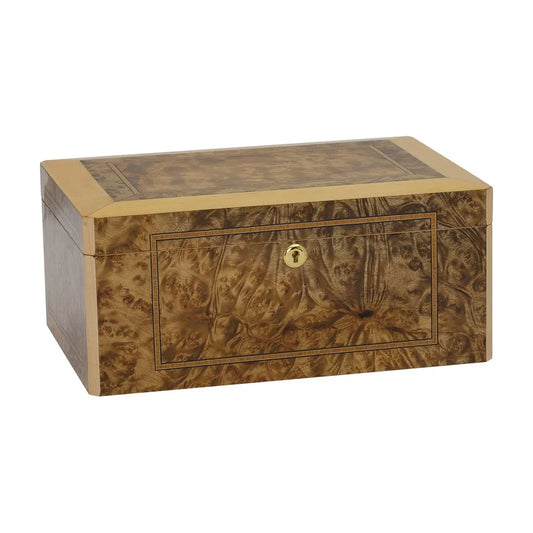 Solerno Desktop 40-75 Cg Count. Humidor, Rustic Burl Veneer Inlay